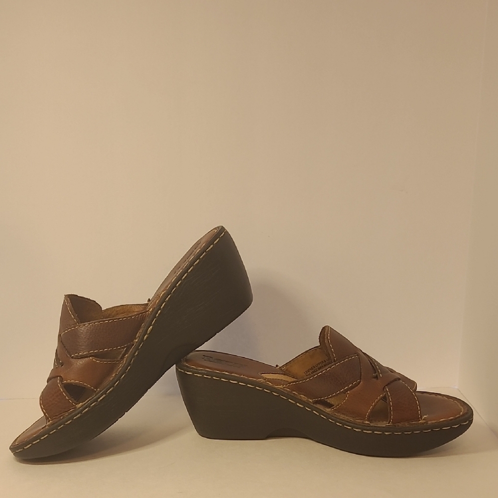 Born Brown Leather Wedge Sandals with Cushioned Footbed